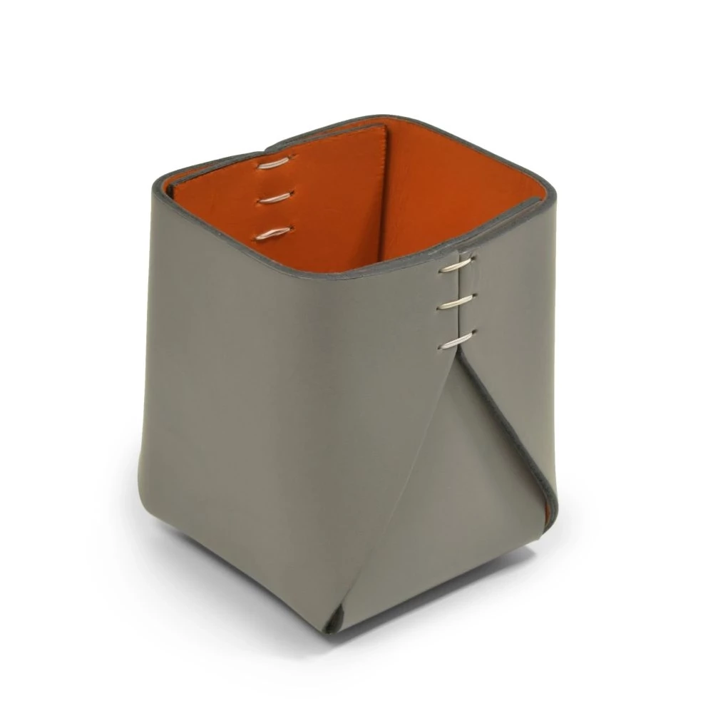 Stiftebecher Quadratisch Leder Grau/Orange