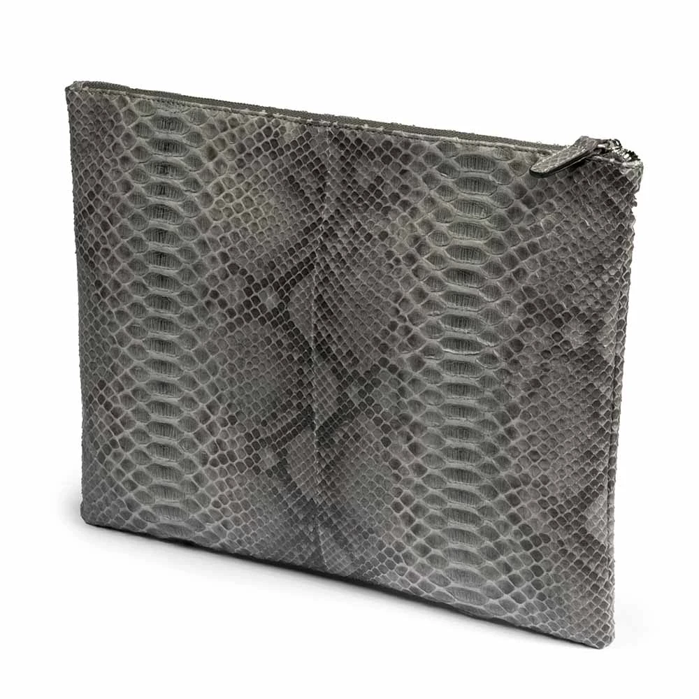 Pouch Groß mit Reißverschluss Python Leder Grau