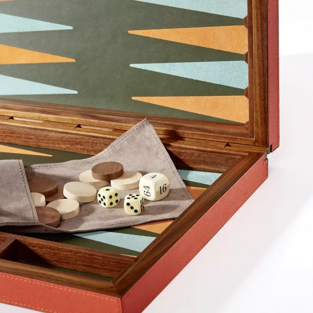 Backgammon Spiel Walnussholz Leder Orange
