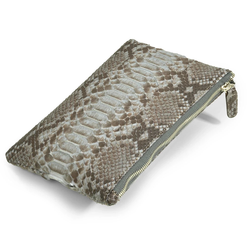 Pouch Klein mit Reißverschluss Python Leder Grau