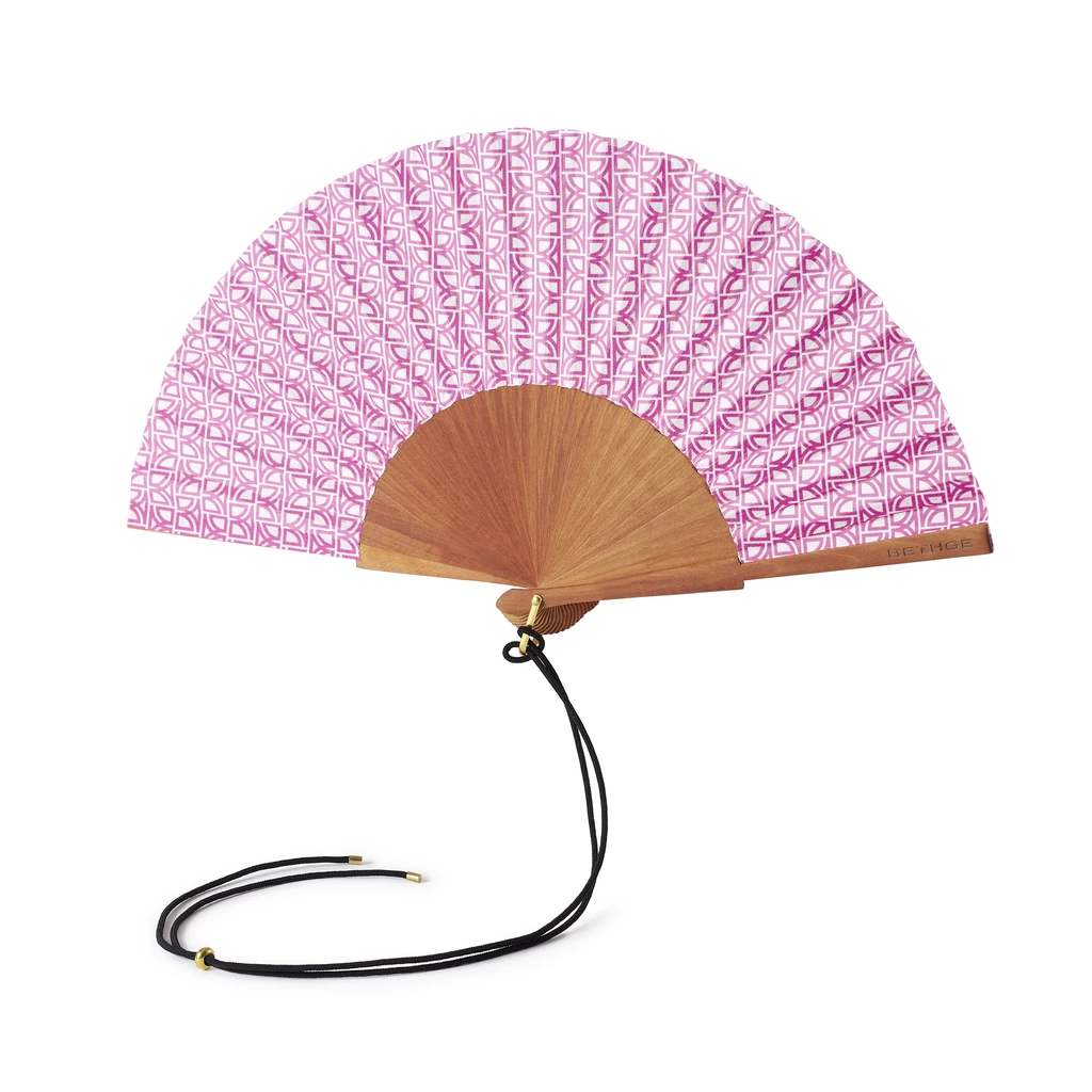 Handfächer Baumwolle und Birnbaumholz Weiß/Pink