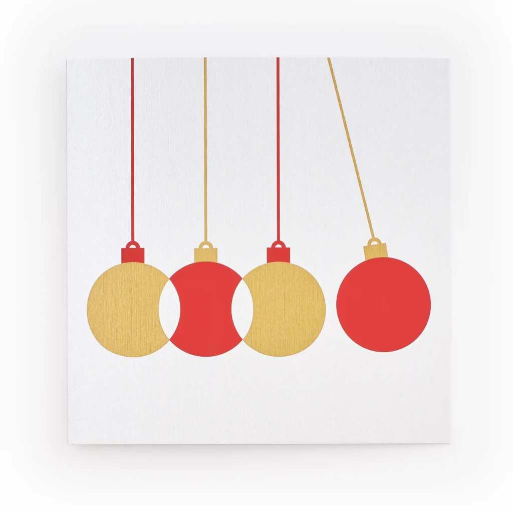 Weihnachtskarte Kugelpendel Rot, Gold auf Silber