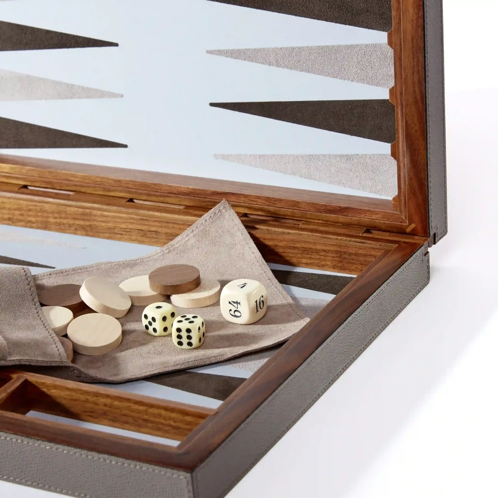 Backgammon Spiel Walnussholz Leder Rauchgrau
