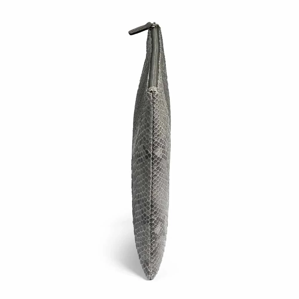 Pouch Groß mit Reißverschluss Python Leder Grau