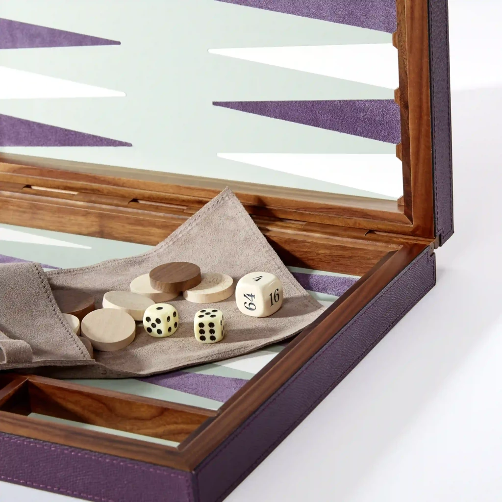 Backgammon Spiel Walnussholz Leder Violett