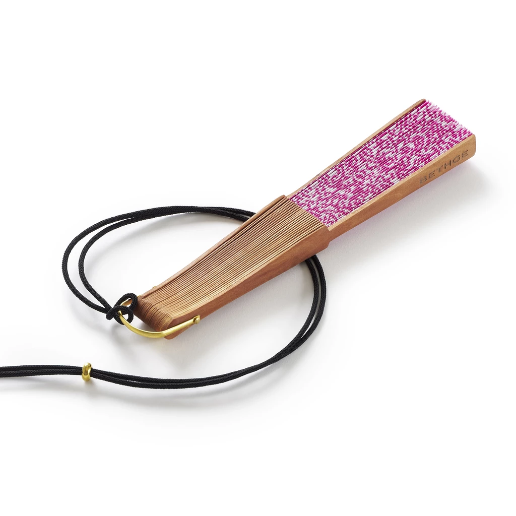 Handfächer Baumwolle und Birnbaumholz Weiß/Pink