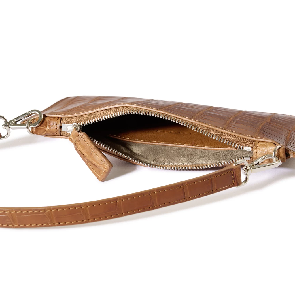 Leder Clutch Alligatoroptik Hellbraun