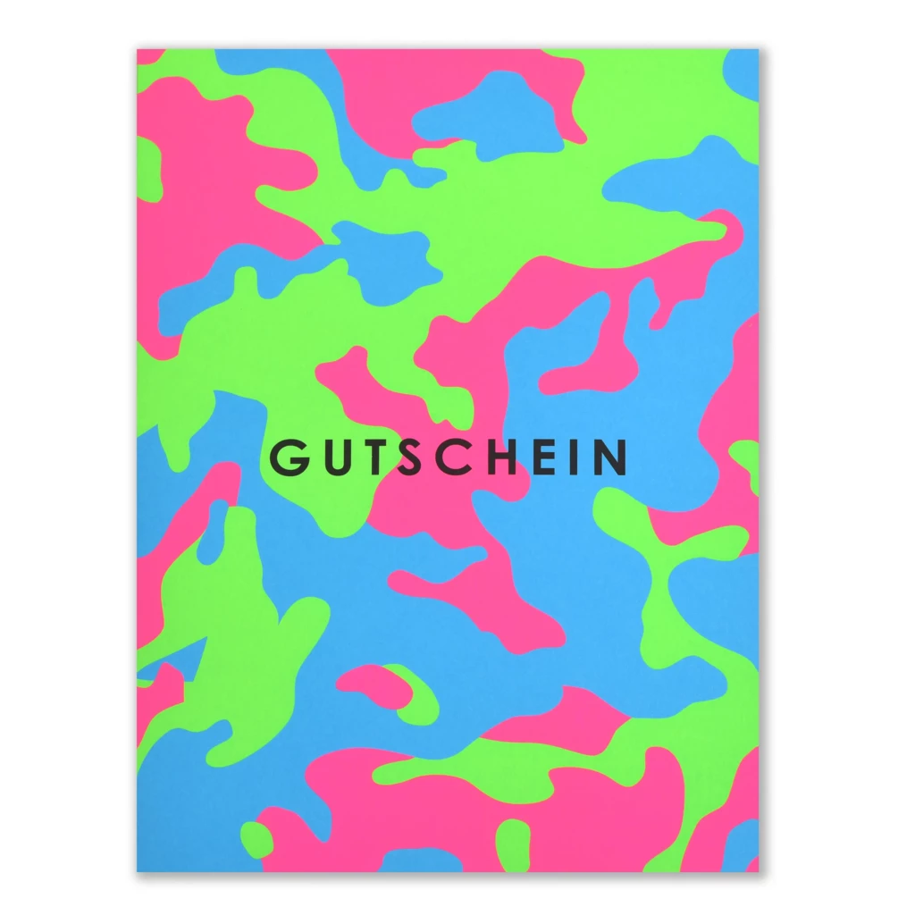 Gutscheinkarte Camouflage A5 Grün, Pink auf Blau