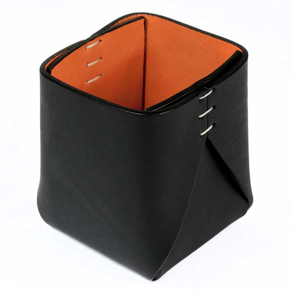 Stiftebecher Quadratisch Leder Schwarz/Orange
