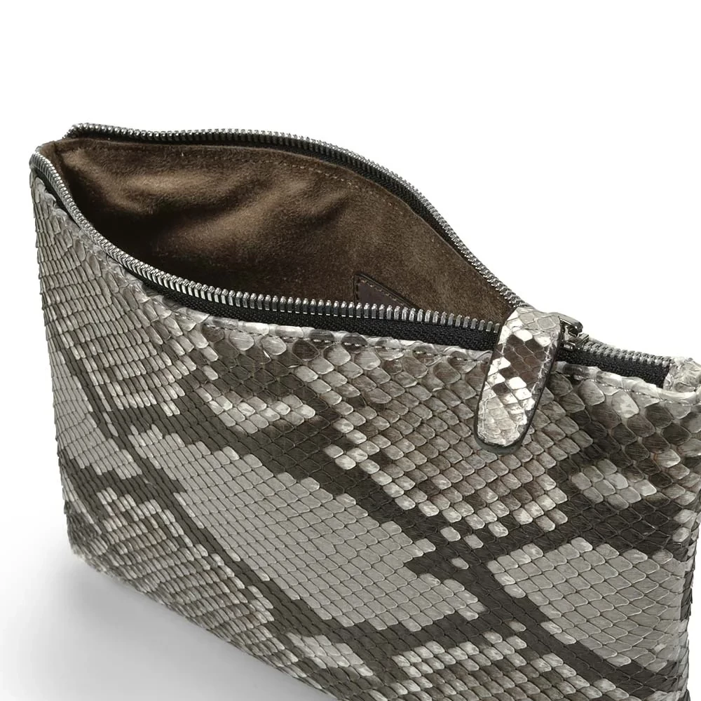 Pouch Klein mit Reißverschluss Python Leder Schwarz-Weiß
