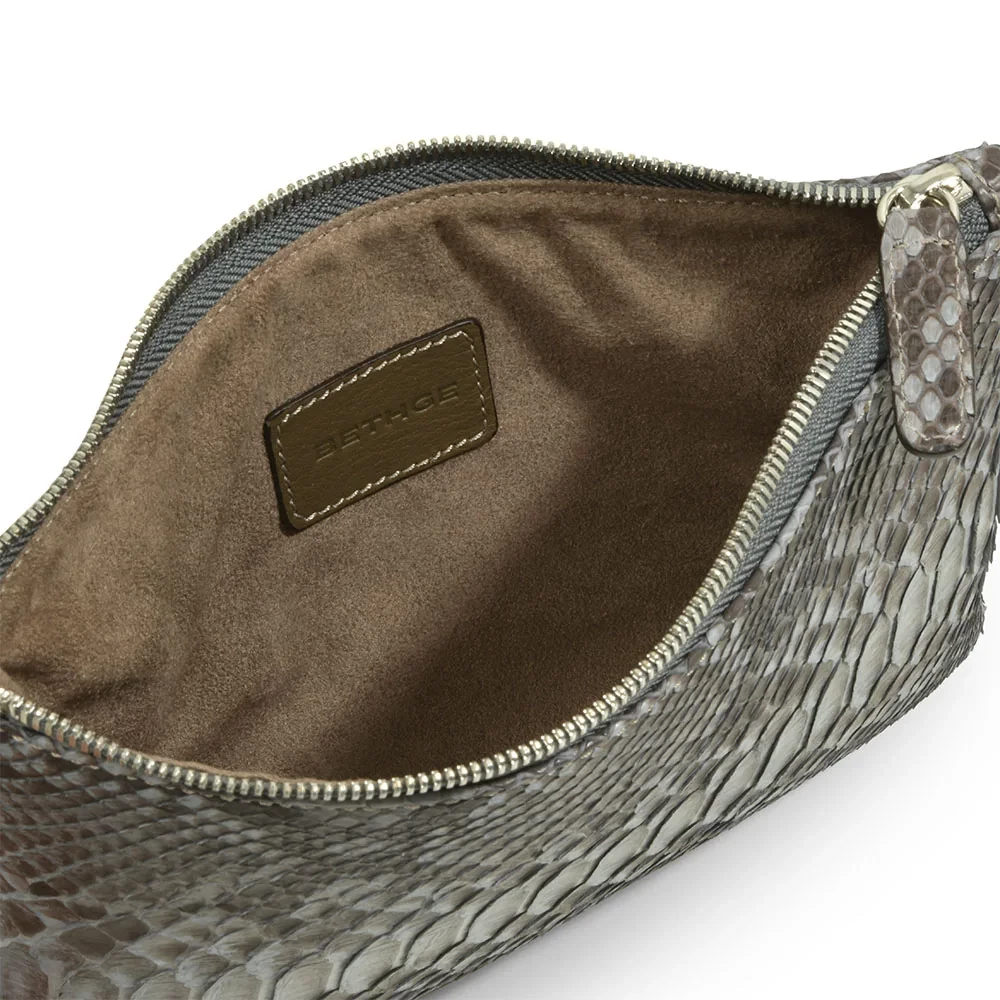 Pouch Klein mit Reißverschluss Python Leder Grau
