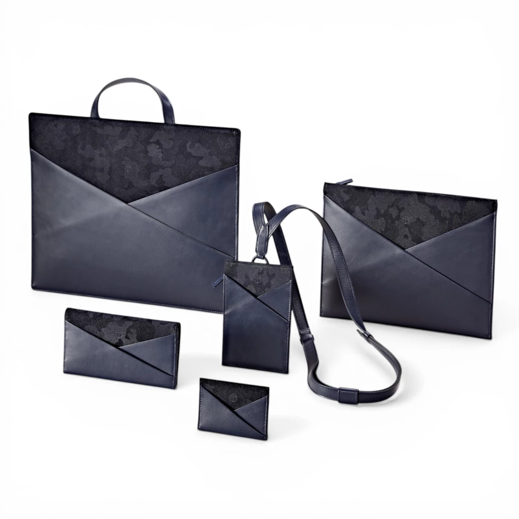 Treuleben Schultertasche schmal Leder Blau/Camouflage