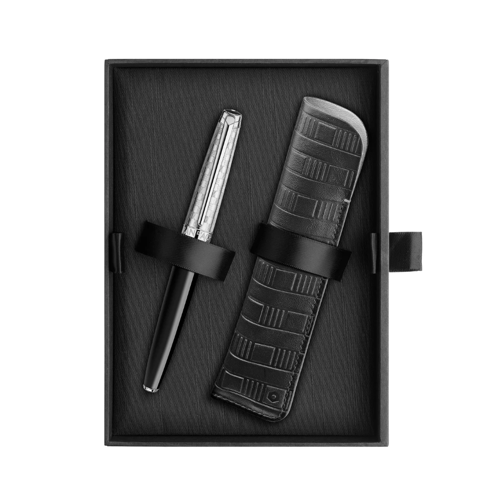 Caran d'Ache Leman Damier Set Füllfederhalter Feder B Etui Silber/Schwarz