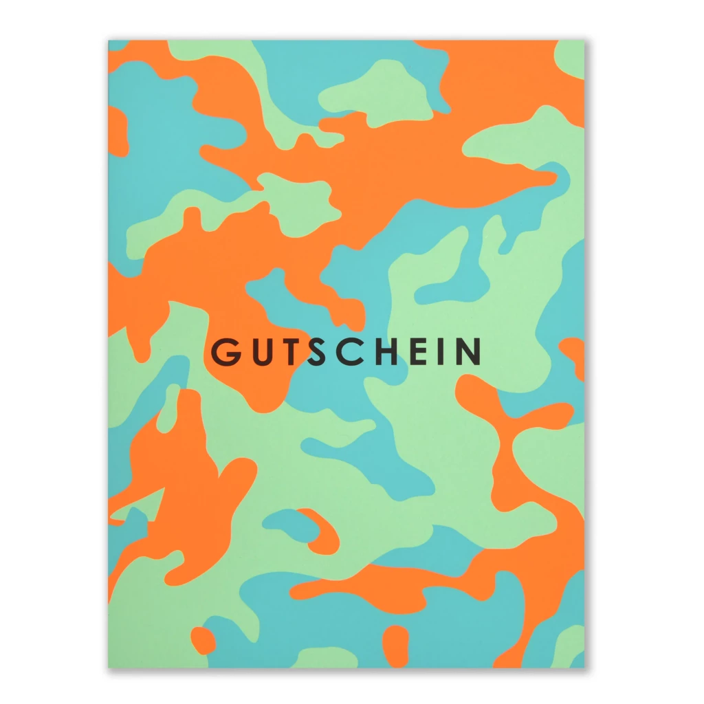 Gutscheinkarte Camouflage A5 Orange, Grün auf Mint