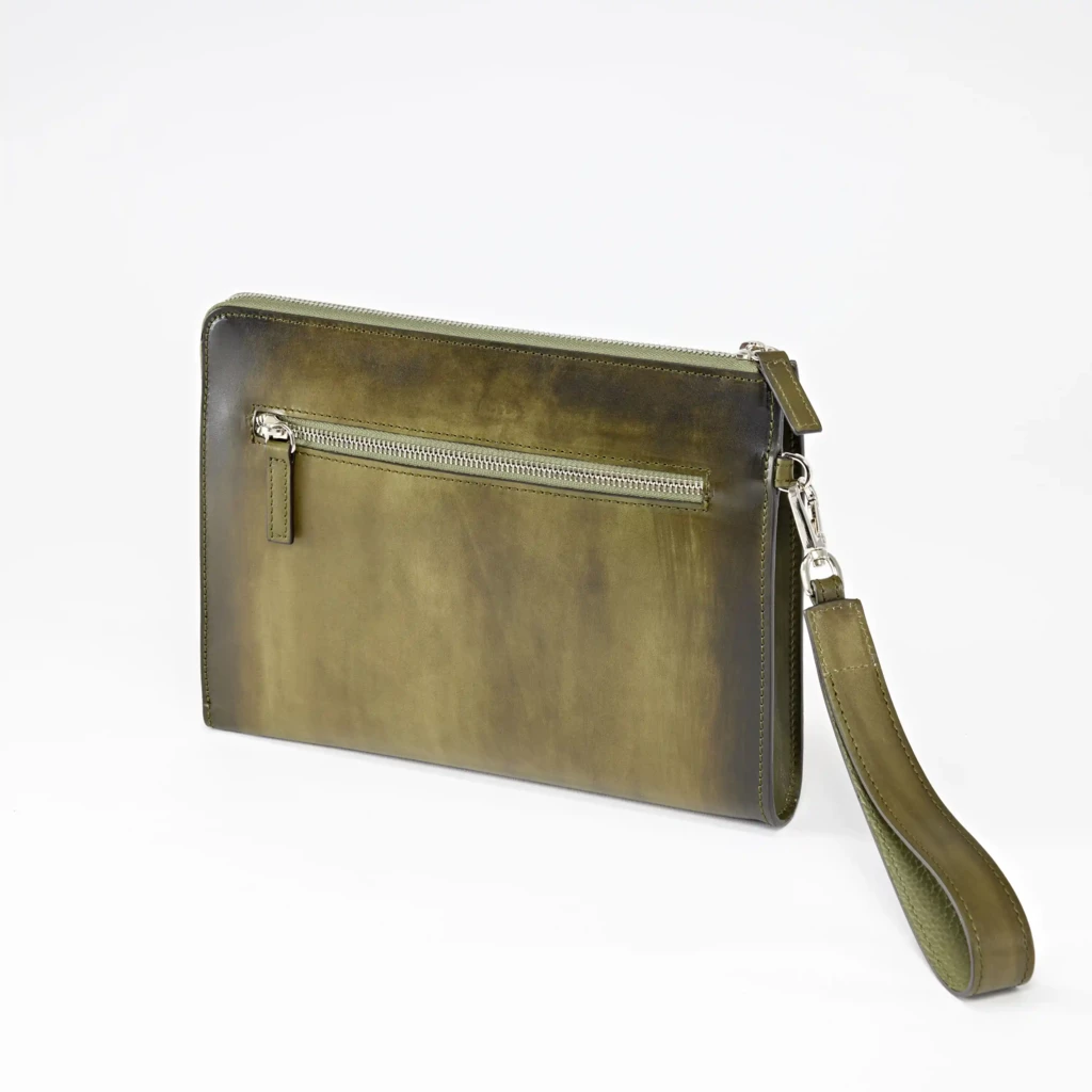 Pouch mit Reißverschluss Leder Olivgrün